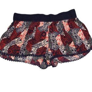 Womens XL Navy Combo Patterned Shorts - Elastic Waistband & Scalloped Hem 100% P